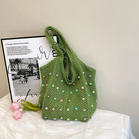 Bolso Tote de Paja Tejido a Mano Con Perlas Artificiales de Colores Bolso de Hombro de Punto Calado para Vacaciones en la Playa Mujer