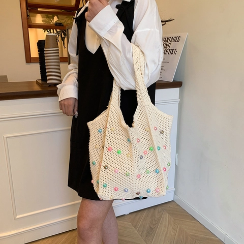 Bolso Tote de Paja Tejido a Mano Con Perlas Artificiales de Colores Bolso de Hombro de Punto Calado para Vacaciones en la Playa Mujer