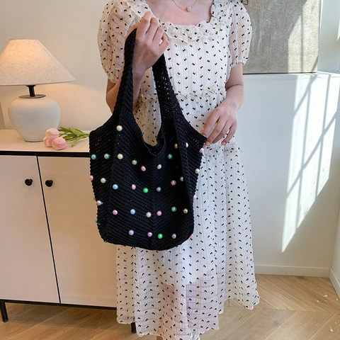 Hand-Crocheted Woven Tote Bag With Colorful Artificial Pearls Large Capacity Vacation Shoulder Bag For Women
