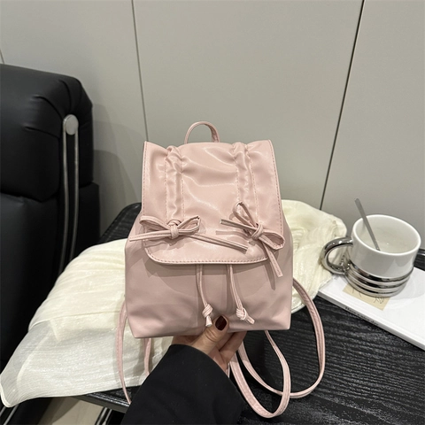 Women Fashion Bow Knot Pleated Mini Backpack Solid Color PU Leather Travel Daypack Girls Sweet Small Commuting School Bag