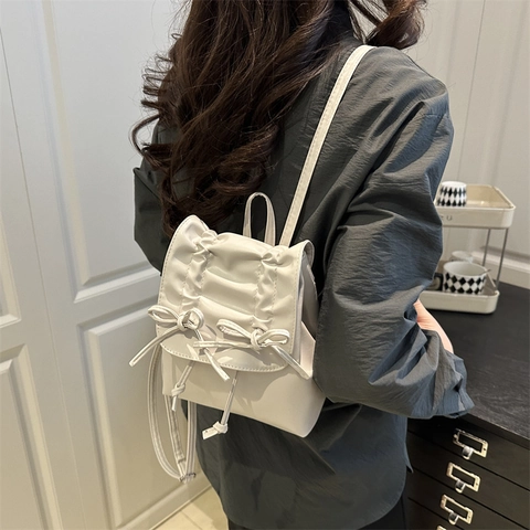 Women Fashion Bow Knot Pleated Mini Backpack Solid Color PU Leather Travel Daypack Girls Sweet Small Commuting School Bag