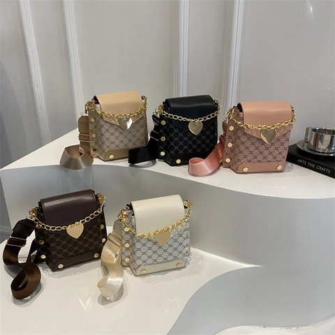 Vintage Monogram PU Leather Small Square Bag With Heart Lock Gold Chain Wide Woven Strap Shoulder Crossbody Bag For Women