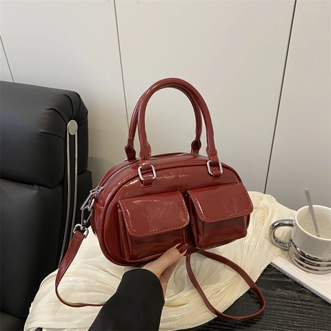 Damen Glänzend PU Leder Umhängetasche Retro Multi Pocket Handtasche Koreanischer Stil Kissen Boston Bag Casual Tasche