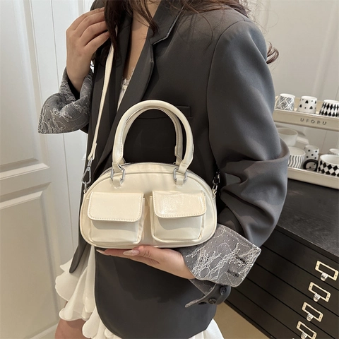 Damen Glänzend PU Leder Umhängetasche Retro Multi Pocket Handtasche Koreanischer Stil Kissen Boston Bag Casual Tasche