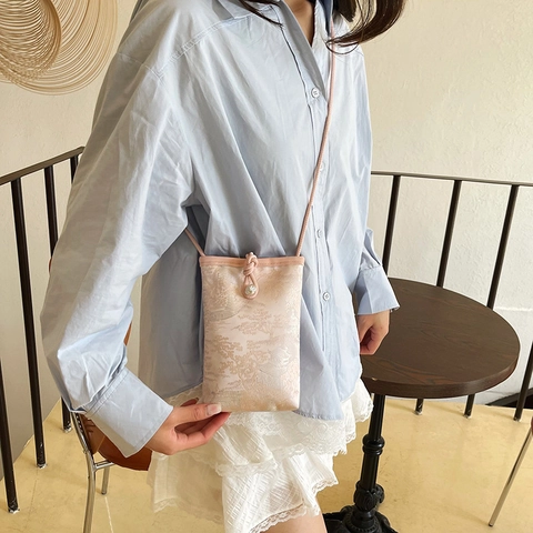 Sac à Bandoulière pour Téléphone en Soie Jacquard de Nouveau Style Chinois pour Femmes Sac à Épaule Vintage Motif Paysage