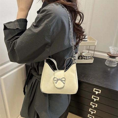 Women Trendy PU Leather Bow Shoulder Bag Minimalist Solid Color Underarm Bag With Chain Strap Casual Crossbody Bag
