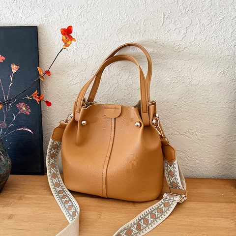 Borsa a Secchiello da Donna in Pelle PU Retro Con Tracolla Larga Geometrica Etnica Grande Capacità Borsa a Spalla Moda