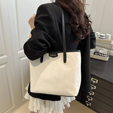 Dames Mode PU Leder Tote Bag Grote Capaciteit Gekreukte Textuur Schoudertas Stedelijke Eenvoud Retro Veelzijdige Woon-werkverkeer Okseltas