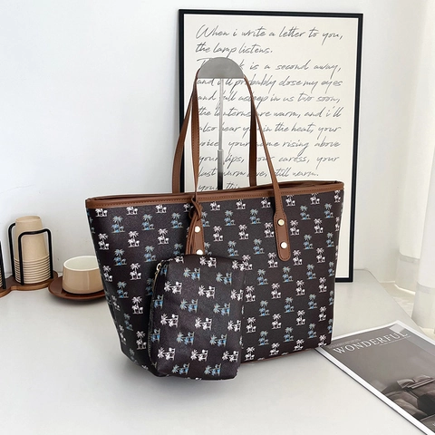 Set di Borse Tote in Pelle PU Donna Minimalista Urbano Grande Capacità Stampa a Palme Borsa a Spalla Moda Pendolare Viaggio