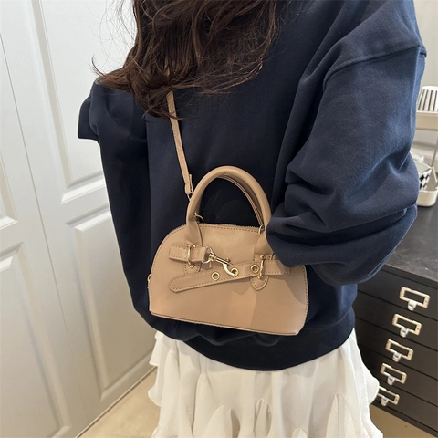 Bolso de Hombro de Cuero PU para Mujer Color Sólido Gran Capacidad Bolso de Mano Con Decoración de Cinturón Casual