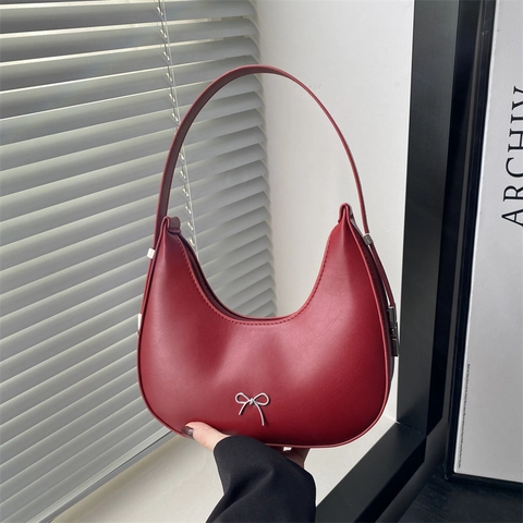 Fashion Women PU Underarm Bag Minimalist Solid Color Half Moon Hobo Bag With Metal Bowknot Decor Shoulder Bag For Daily Matching
