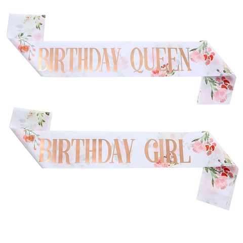 Elegante Satin Geburtstag Schärpe Für Damen Mädchen Birthday Queen Girl Gold Bronzieren Blumendruck Party Deko Accessoire