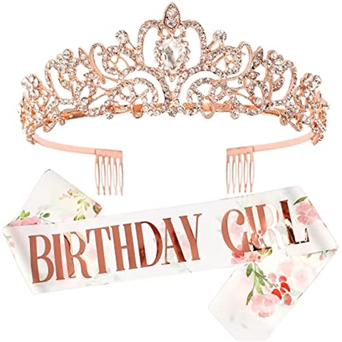 Set Tiara e Fascia Birthday Girl Queen Corona in Lega di Cristallo Con Fascia in Raso Stampa Floreale per Festa di Compleanno