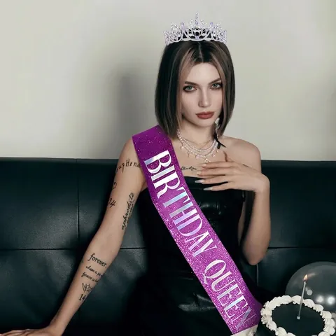 Birthday Queen Krone Und Schärpe Legierung Strass Tiara Glitzerstoff Accessoire Für Damen Geburtstagsparty Dekorationen