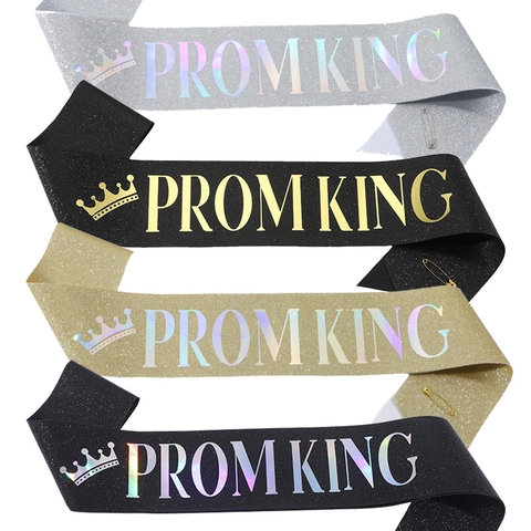 Glitter Cloth Prom King Sash With Crown Pattern Holographic Laser Print For Graduation Party Dance Event Accessories