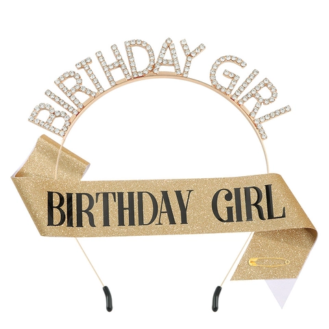 Conjunto de Diadema Birthday Girl con Strass y Banda de Brillo para Decoraciones de Fiesta de Cumpleaños Mujer Niña