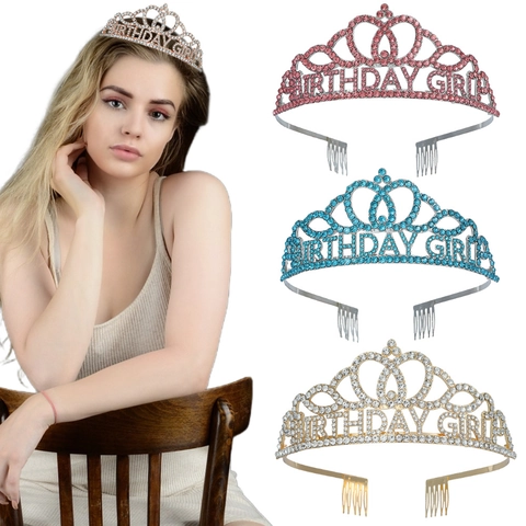 Luxury Birthday Girl Rhinestone Crown Tiara Alloy Lettering Hairband For Women Girls Birthday Party Hair Accessories