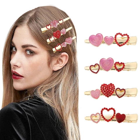Valentinstag Herz Haarspangen Süß Strass Glänzend Herz Entenschnabel Clips Zinklegierung Haarschmuck Für Damen Party