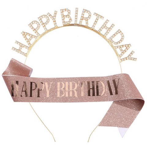 Ensemble Serre-Tête Happy Birthday en Strass et Écharpe en Satin Couronne en Alliage Lettres Décorations de Fête Anniversaire