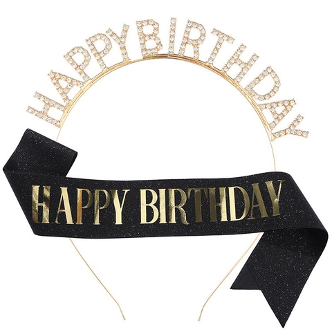 Ensemble Serre-Tête Happy Birthday en Strass et Écharpe en Satin Couronne en Alliage Lettres Décorations de Fête Anniversaire