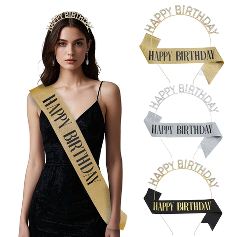 Ensemble Serre-Tête Happy Birthday Strass et Écharpe Pailletée pour Femmes Décorations de Fête d'Anniversaire Accessoire