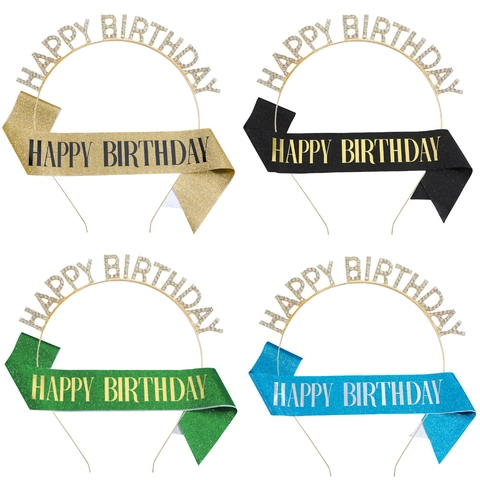 Ensemble Serre-Tête Happy Birthday Strass et Écharpe Pailletée pour Femmes Décorations de Fête d'Anniversaire Accessoire