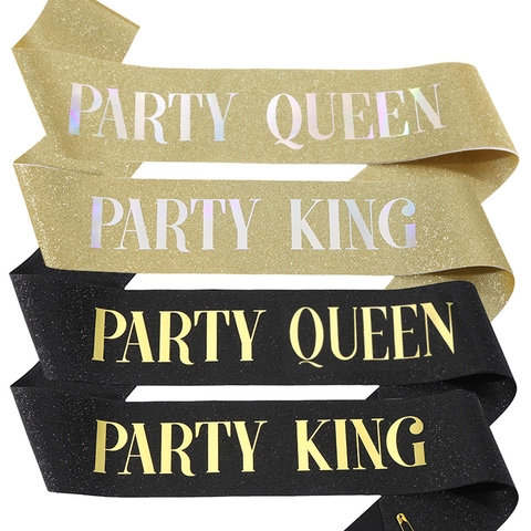 Glitter Party Sash For Women Men Queen King Lettering Polyester Celebration Costume Accessories For Birthday Wedding Bachelorette Party Decoration