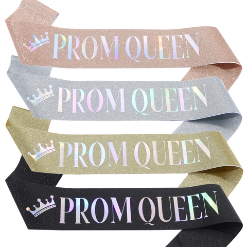 Prom Queen Sash Glitter Fabric Iridescent Letters Crown Graduation Party Etiquette Belt Accessory For Women Girls Celebration