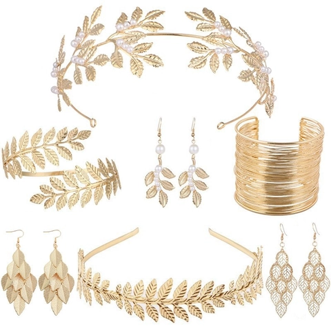 Baroque Greek Goddess Leaf Shape Bridal Accessories Gold Metallic Headband Earrings Armband Bracelet Artificial Pearl Decor