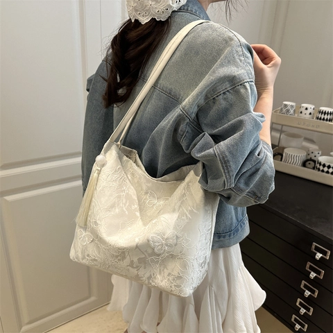 Borsa Tote in Nylon Donna Con Ricamo a Farfalla Stile Nazionale Grande Capacità Borsa a Tracolla Con Nappina Fiore Pizzo