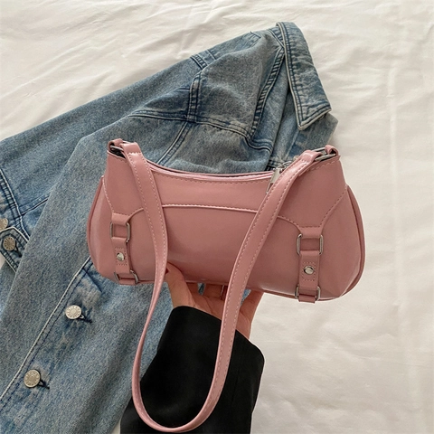 Bolso de Axila para Mujer de Cuero PU de Color Sólido Minimalista Bolso de Hombro de Moda Con Hebilla Plateada Decoración Bolso Retro
