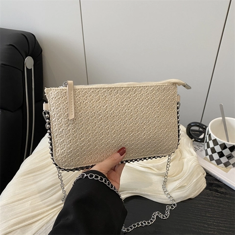 Sac à Épaule en Paille Tissée pour Femmes Avec Chaîne Métallique Petit Sac Bandoulière Sac de Plage Décontracté