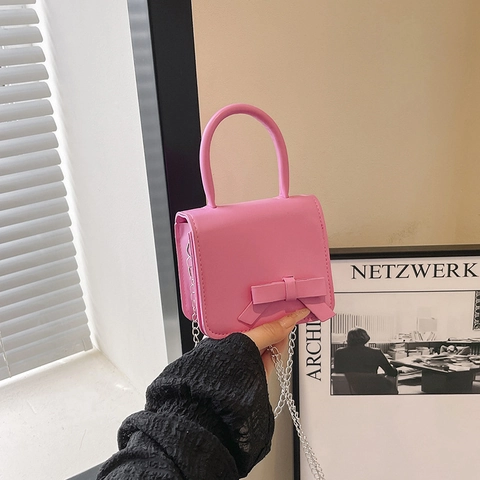 Borsa Quadrata Mini in Pelle PU Con Fiocco Dolce per Donna Moda Tinta Unita Piccola Borsa a Tracolla Con Catena in Metallo