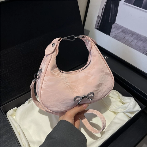 Women Bow Hobo Bag Crinkled PU Leather Half Moon Shoulder Bag Large Capacity Crossbody Bag Fashion Underarm Bag Purse