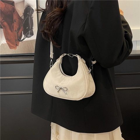 Women Bow Hobo Bag Crinkled PU Leather Half Moon Shoulder Bag Large Capacity Crossbody Bag Fashion Underarm Bag Purse