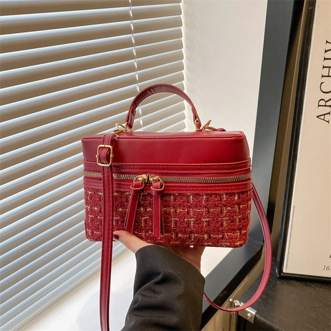 Bolso de Hombro de Tweed a Cuadros para Mujer Bolso Cruzado Vintage Vanity Box con Patchwork de Cuero PU y Cremallera