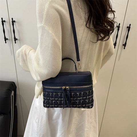 Bolso de Hombro de Tweed a Cuadros para Mujer Bolso Cruzado Vintage Vanity Box con Patchwork de Cuero PU y Cremallera