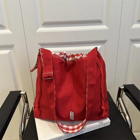 Bolso de Hombro de Mezclilla para Mujer con Cordón Gran Capacidad Estilo Japonés Forro de Cuadros Bolso Tote Casual Diario