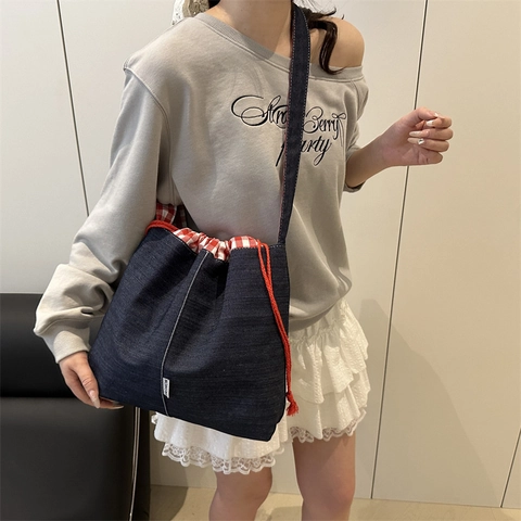 Bolso de Hombro de Mezclilla para Mujer con Cordón Gran Capacidad Estilo Japonés Forro de Cuadros Bolso Tote Casual Diario