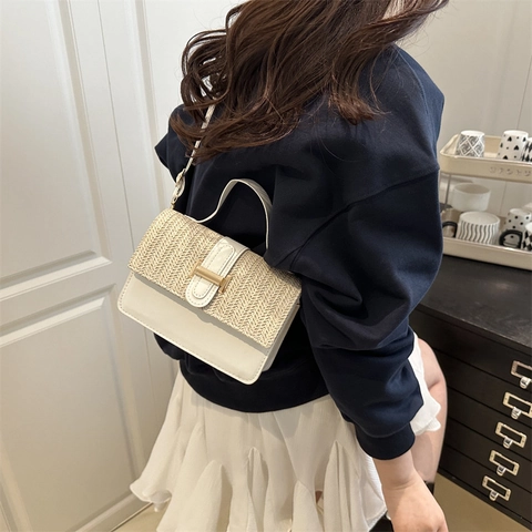 Bolso de Hombro de Paja Tejida Patchwork para Mujer Cuero PU Color de Contraste Bolso Bandolera Cuadrado Pequeño Con Asa