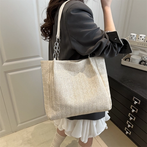 Bolso Tote de Paja Tejida de Gran Capacidad para Mujer con Patrón de Espiga Bolso de Mano con Correa de Cadena de Cuero Moda