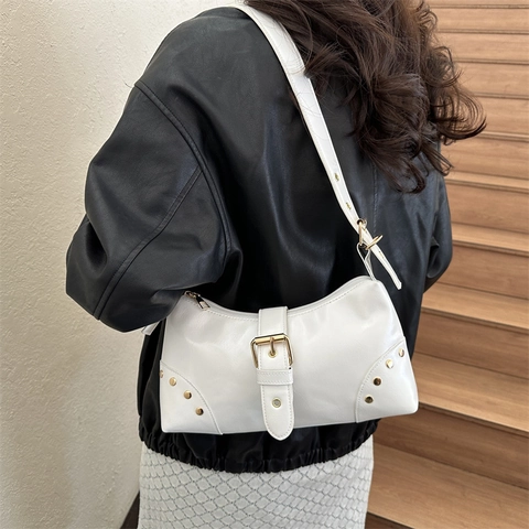 Damen Retro Nieten Schultertasche Große Kapazität PU Leder Unterarmtasche Mit Schnalle Vintage Spicy Girl Hobo Bag Umhängetasche