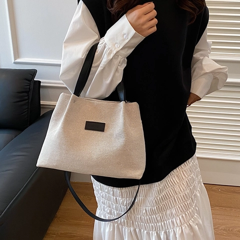 Damen Große Kapazität Segeltuch Tragetasche Lässige Schultertasche Mit Kunstledergriffen Minimalistische Mode Handtasche Pendeln