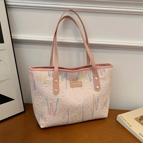 Women Large Capacity Nylon Tote Bag Stylish Embroidered Shoulder Bag Casual Solid Color Handbag For Daily Work