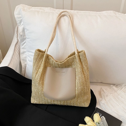 Borsa Tote in Paglia Intrecciata di Grande Capacità Donna Estate Spiaggia Vacanza Borsa a Tracolla Con Patch in Pelle PU Manico in Corda