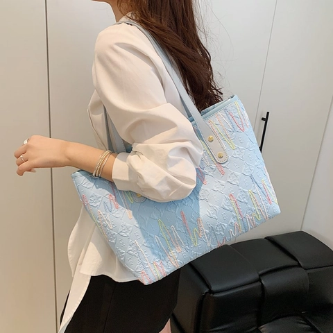 Women Large Capacity Nylon Tote Bag Stylish Embroidered Shoulder Bag Casual Solid Color Handbag For Daily Work