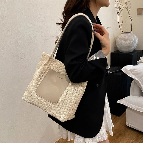 Borsa Tote in Paglia Intrecciata di Grande Capacità Donna Estate Spiaggia Vacanza Borsa a Tracolla Con Patch in Pelle PU Manico in Corda