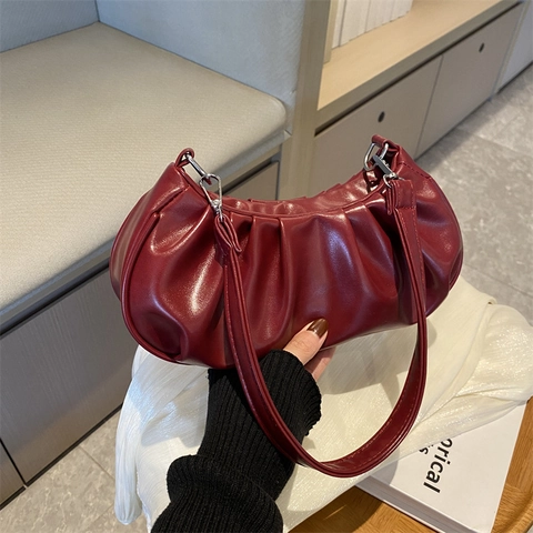 Bolso de Axila Plisado Retro para Mujer Gran Capacidad Cuero PU Bolso de Hombro Nube Minimalista Color Sólido Moda