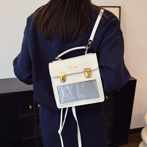 Damen PU Leder Ita Tasche Transparentes Fenster Crossbody Rucksack Vintage Stil Goldene Schnalle Große Kapazität Handtasche