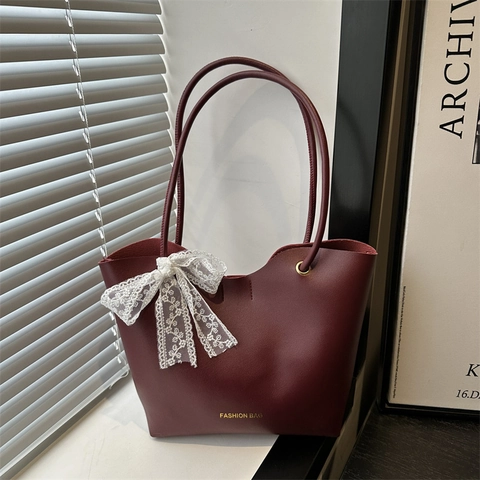 Bolso Tote Elegante de Cuero PU Para Mujer Con Decoración de Lazo de Encaje Gran Capacidad Bolso de Hombro Para Diario